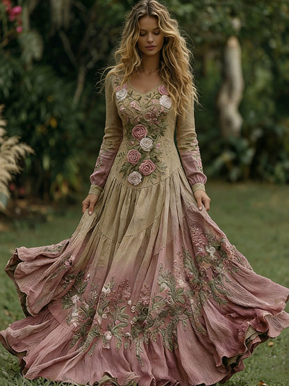 Women's Boho Floral Embroidered Floral Resort Maxi Dress