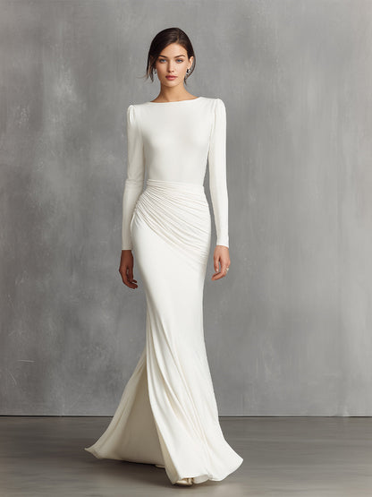 Women's White Elegant Satin Ruched Mermaid Maxi Dress MDA0910I5I