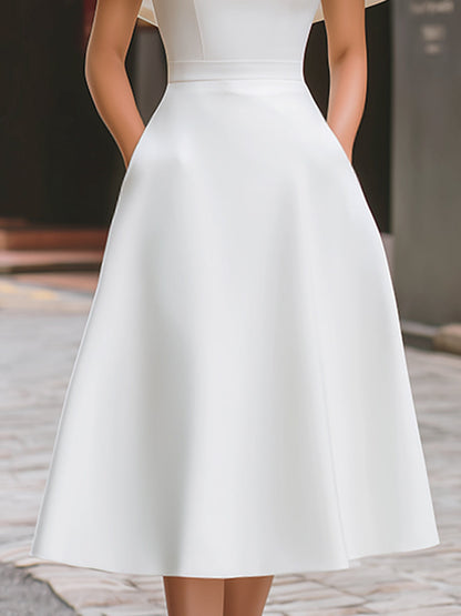High Neck Cape Sleeve Keyhole A-Line Midi Dress