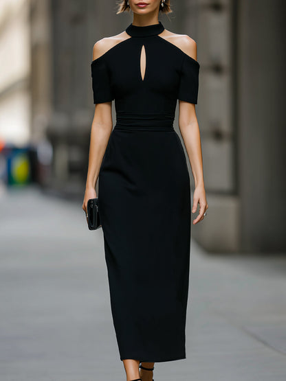 Cold-Shoulder Keyhole High Neck Bodycon Maxi Dress
