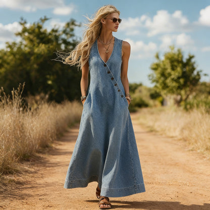 Coachella Outfit Retro-style Sleeveless V-neck Diagonally Buttoned Blue Denim Maxi Dress