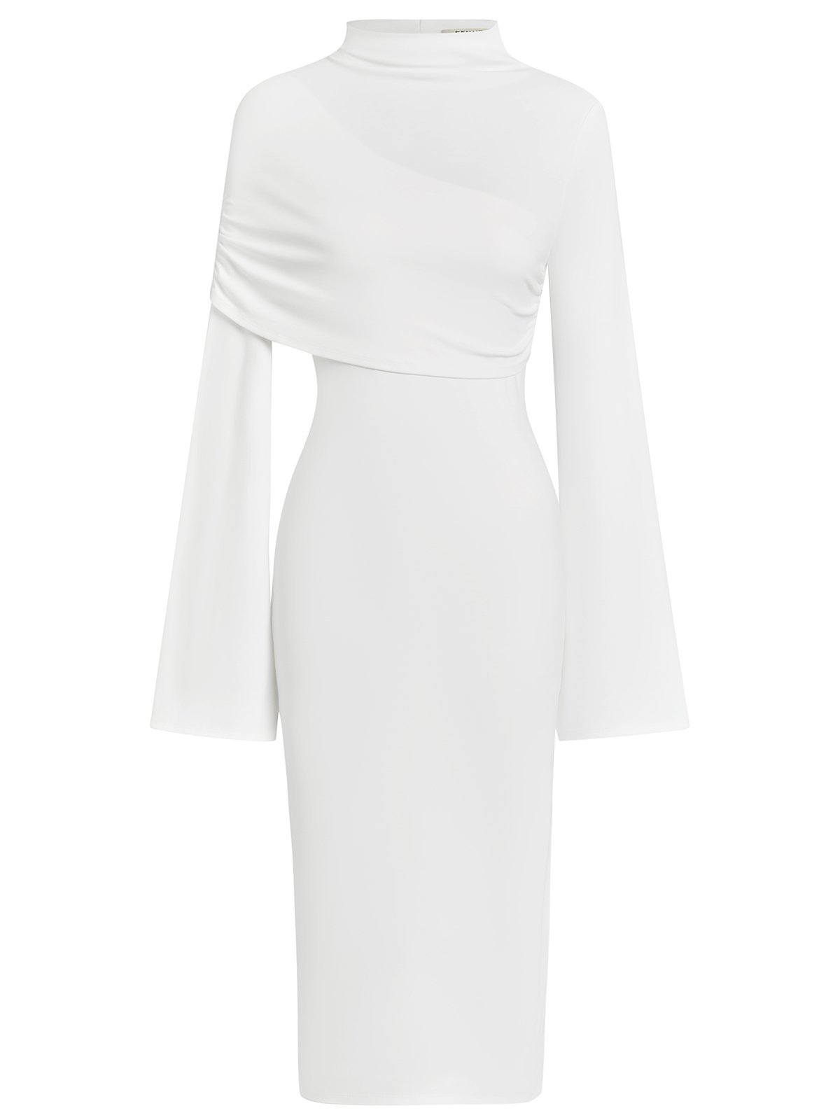 White Slit Chiffon Mock Neck Long Sleeve Bodycon One-shoulder Midi Dress with Matching Shrug