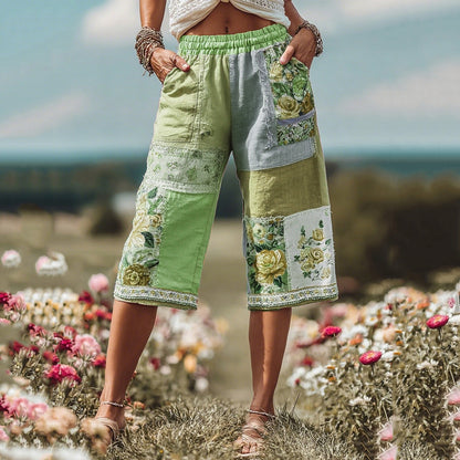 Women's Patchwork Rose Floral Contrast Waist Elastic Pocket Shorts c6d0