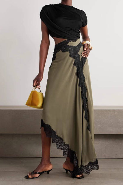 Lace-trimmed Irregular Maxi Dress