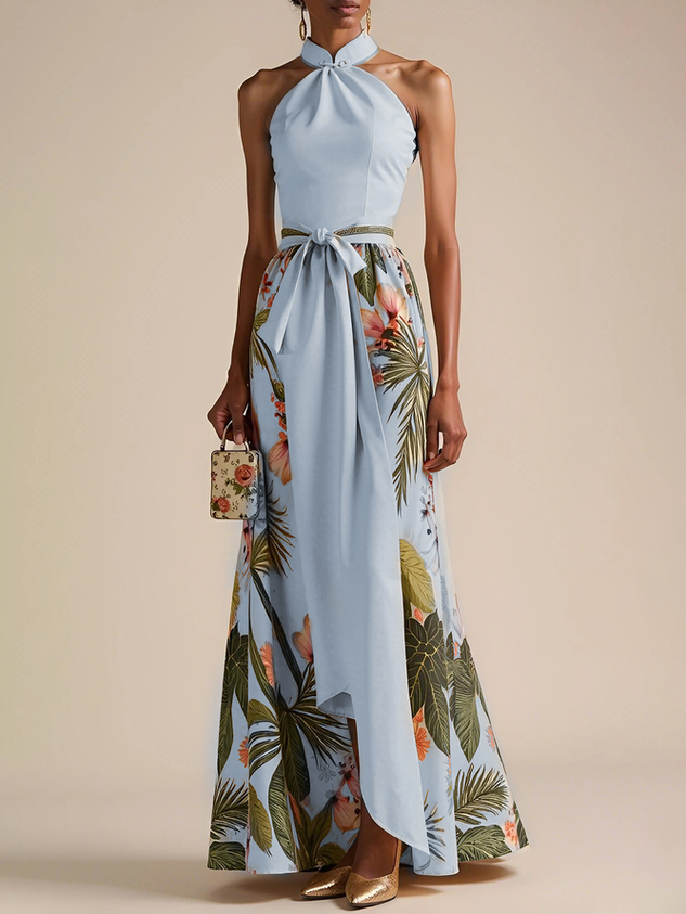 Beige Bow Satin Halter Floral Sleeveless A-Line Maxi Dress