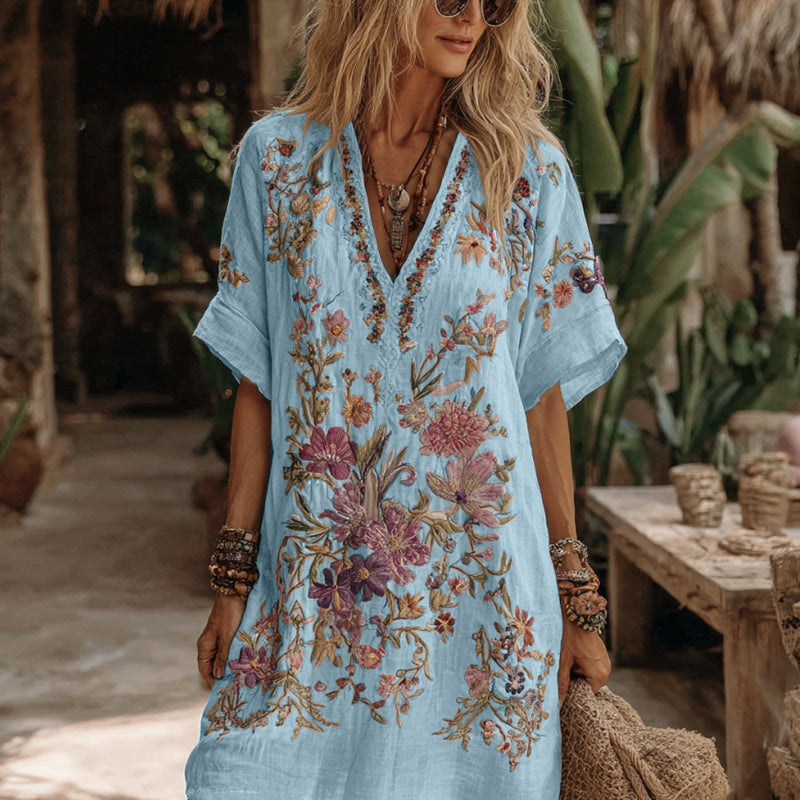 Women's Floral Embroidery Art V Neck Comfy Midi Dress 8ed0