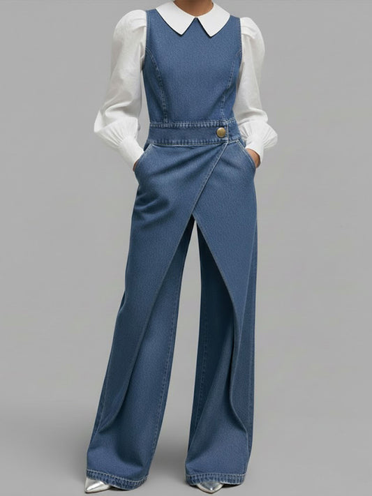 Women's Round Neck Sleeveless Casual Loose Denim Wide-leg Jumpsuit