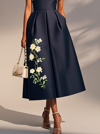 Navy Blue Embroidery Satin V Neck Short Sleeve A-Line Midi Dress