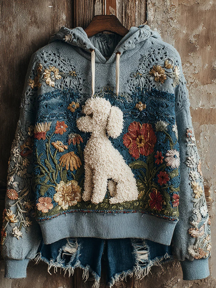 Women's Lace Floral Art Dog Print Casual Hoodie
