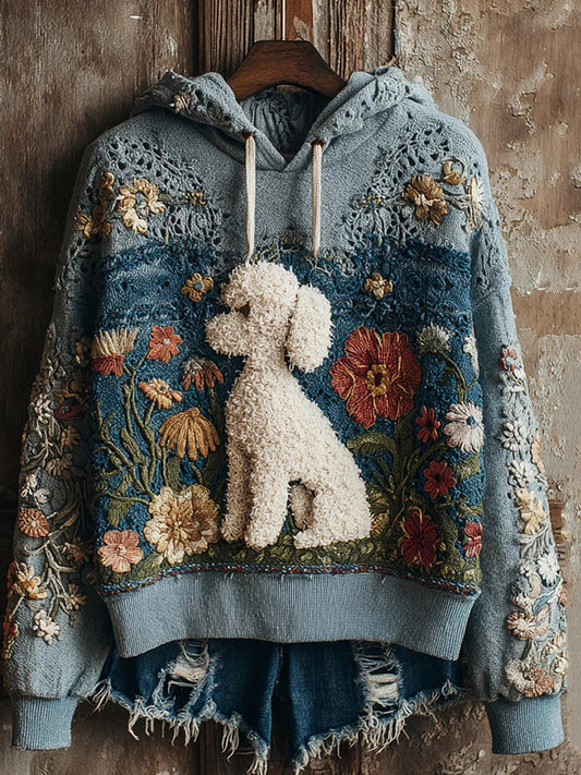 Women's Lace Floral Art Dog Print Casual Hoodie