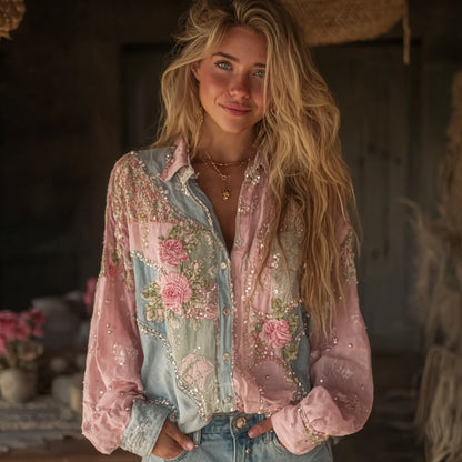 Women's Pink Rose Embroidered Denim Patchwork Linen Shirt