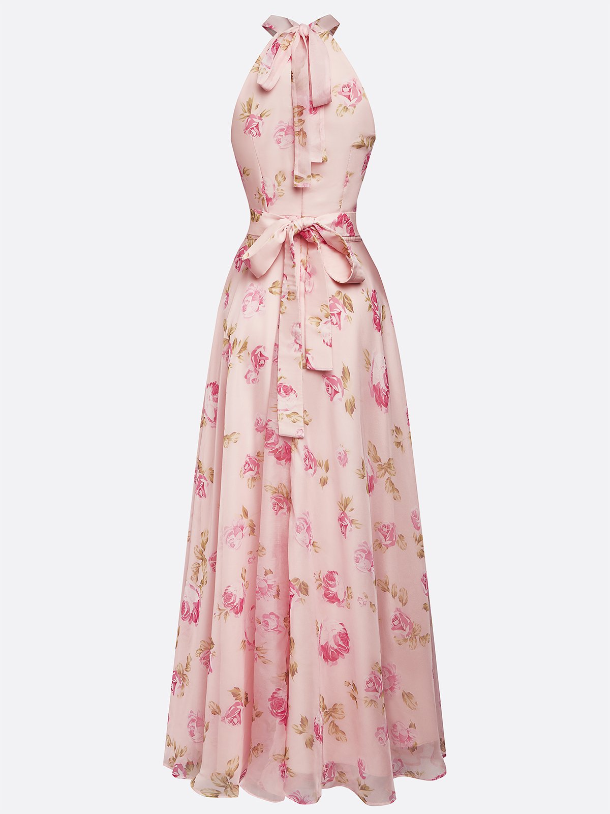 Pink Floral Chiffon Halter Sleeveless A-Line Maxi Dress