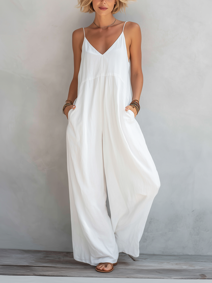 Women's Casual White Cotton-linen Blend Sleeveless Loose Jumpsuit MDZ0246C9AN