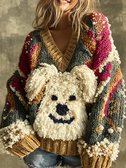 Lady Retro Cute Dog Plush Comfortable Knitted Sweater.