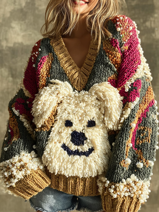 Lady Retro Cute Dog Plush Comfortable Knitted Sweater.