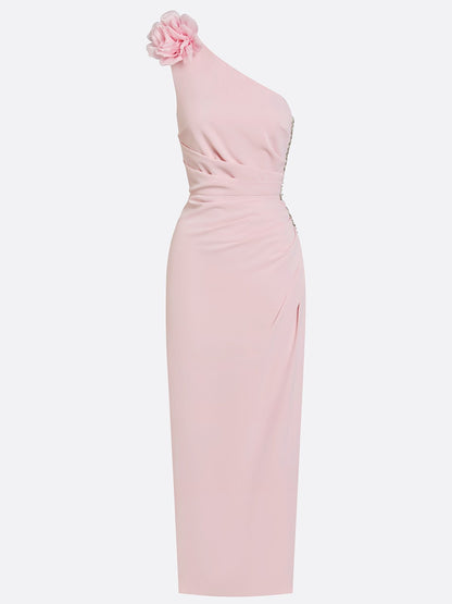Pink 3D Floral Rhinestone Classic One Shoulder Sleeveless Sheath Maxi Dress