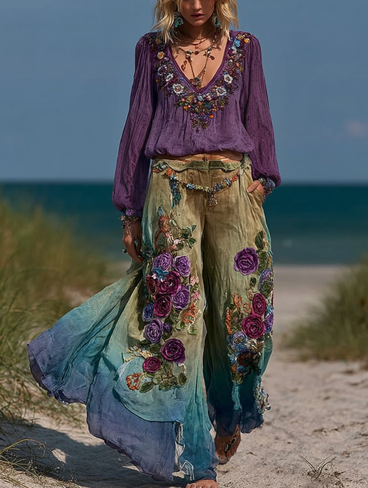 Autumn contrast vintage top+pants set 56e3