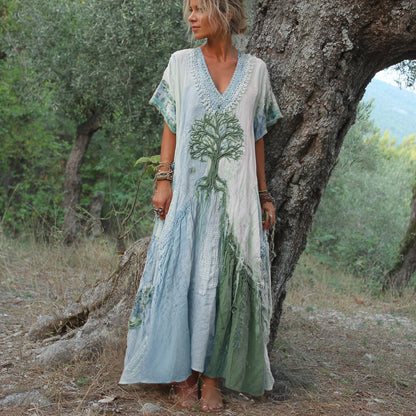 Women's Retro Tree Of Life Art Patchwork Short Sleeve Dress 8d94