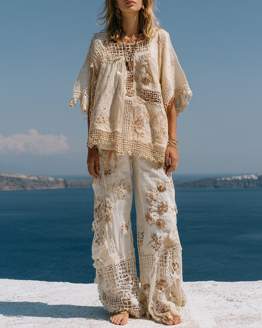 Summer Vacation Floral Embroidered Lace Pants & Top Two-Piece Set d6ee
