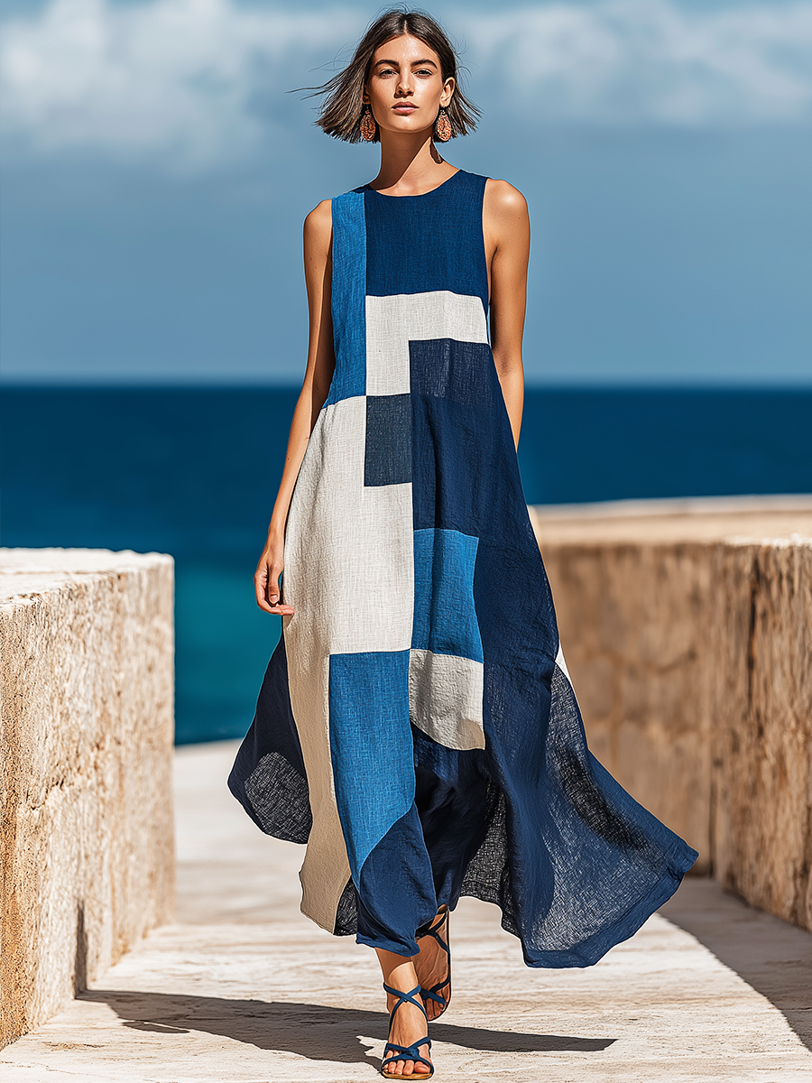 Women's Retro Casual Geometric Print Round Neck Sleeveless Midi Dress