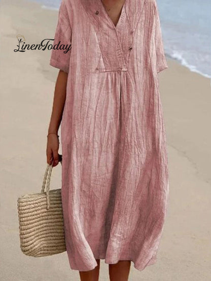 Women's Solid Color Cotton And Linen Short Sleeve Dress