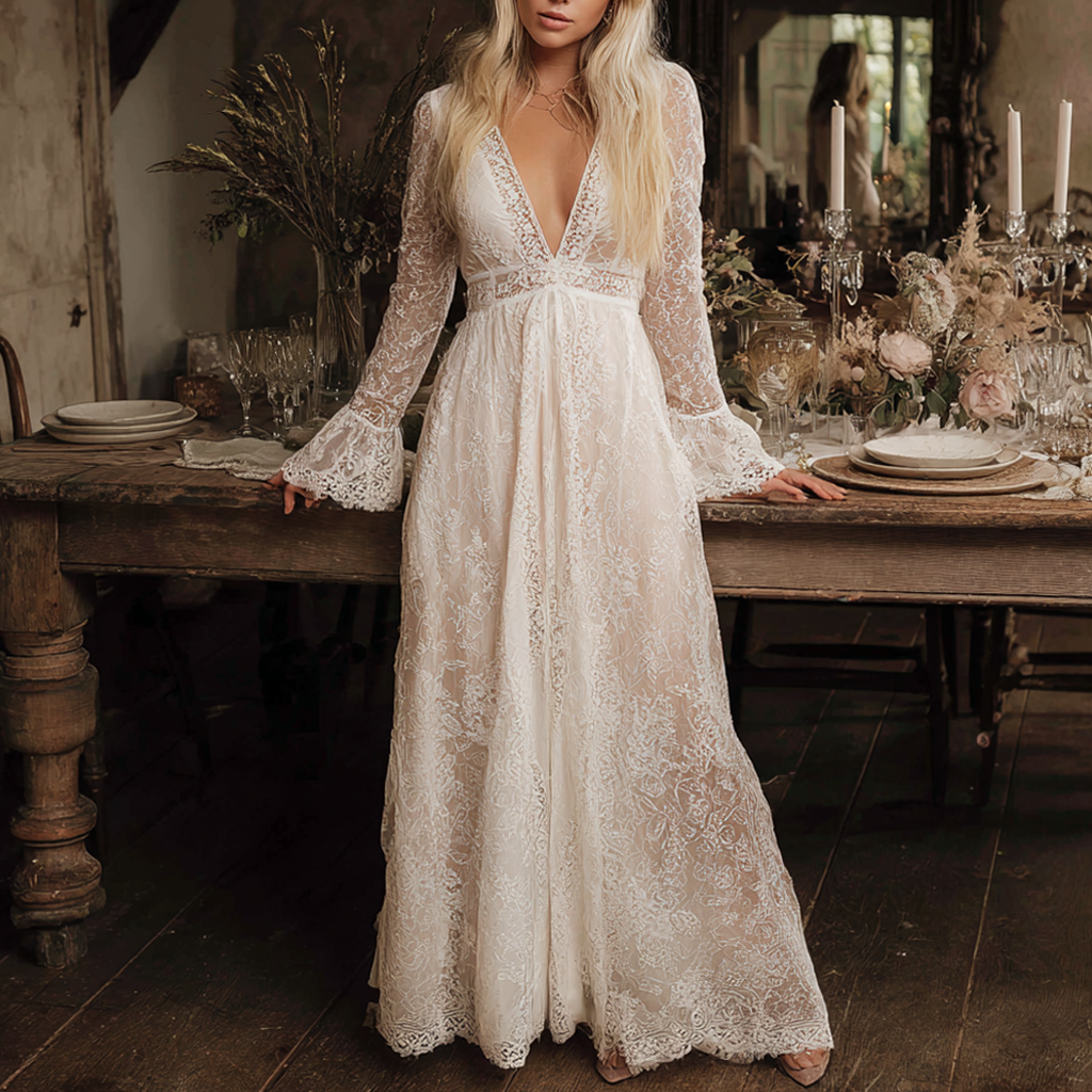 Lace Long Sleeve V-Neck Boho Wedding Dress With Flared Sleeves And Deep Plunge Neckline