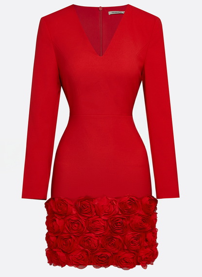 Red 3D Floral Classic V Neck Long Sleeve Sheath Mini Dress