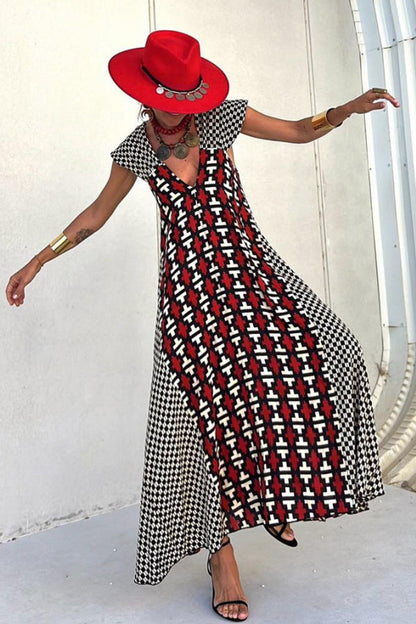 Geometric Print V-Neck Maxi Dress