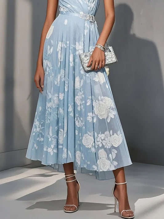 Light Blue Floral Ruched Classic One Shoulder Sleeveless A-Line Midi Dress