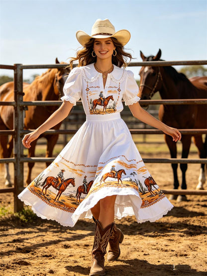 Women's Western Cowboy Cotton Western Print Midi Dress With Peter Pan Collar And Cowboy Motif