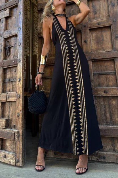 Ethnic style halter neck backless long dress