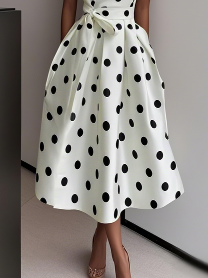 White Polka Dots V Neck Sleeveless A-Line Midi Dress