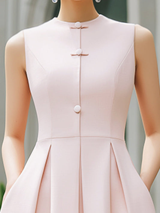 Mandarin Collar Button-Front Sleeveless Pleated A-Line Maxi Dress