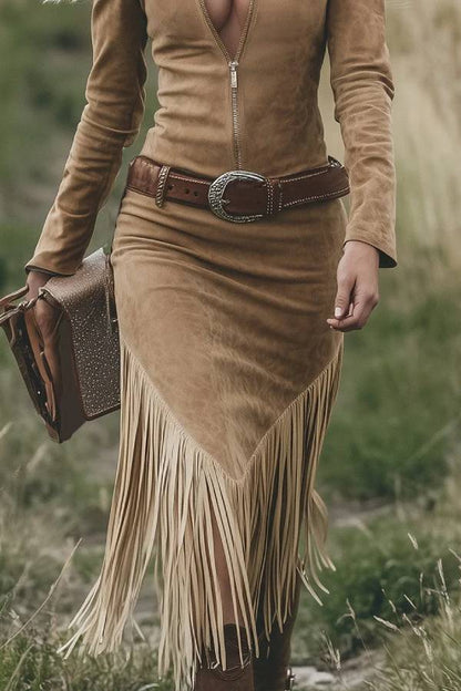 Vintage Western Lapel Zipper Tassel Midi Dress