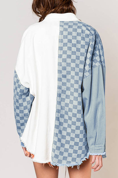 Check Panel Fringe Denim Jacket