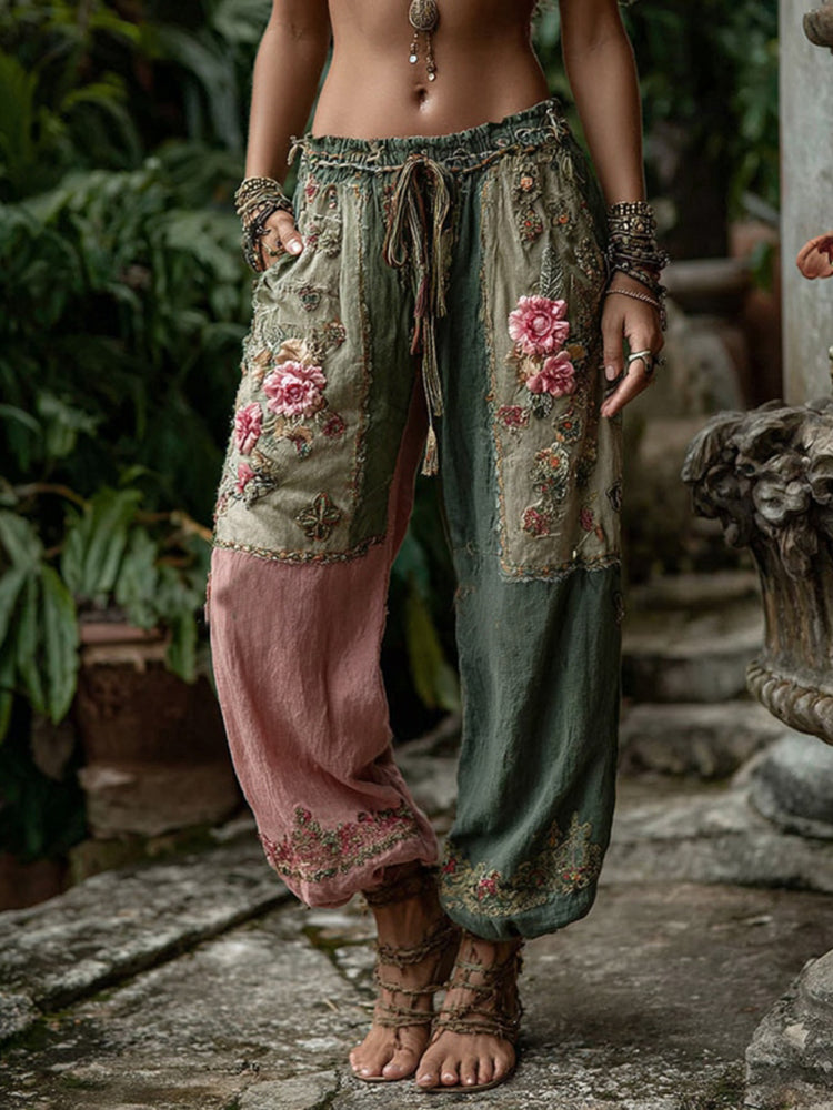 Vintage Retro Rose And Floral Patchwork Art Linen Pants