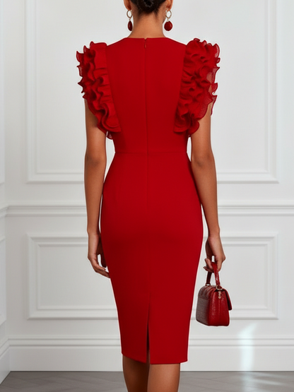 Red Peplum Classic V Neck Sleeveless Sheath Midi Dress