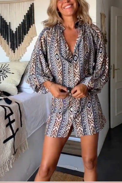 Bohemian long-sleeved printed shirt dress