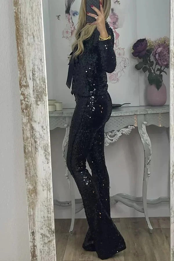 Holiday Cheer Sequin Tie-front Satin Bow Long Sleeve Jacket