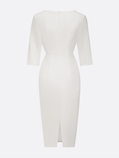 White Faux Pearl Classic Crew Neck Half Sleeve Sheath Midi Dress