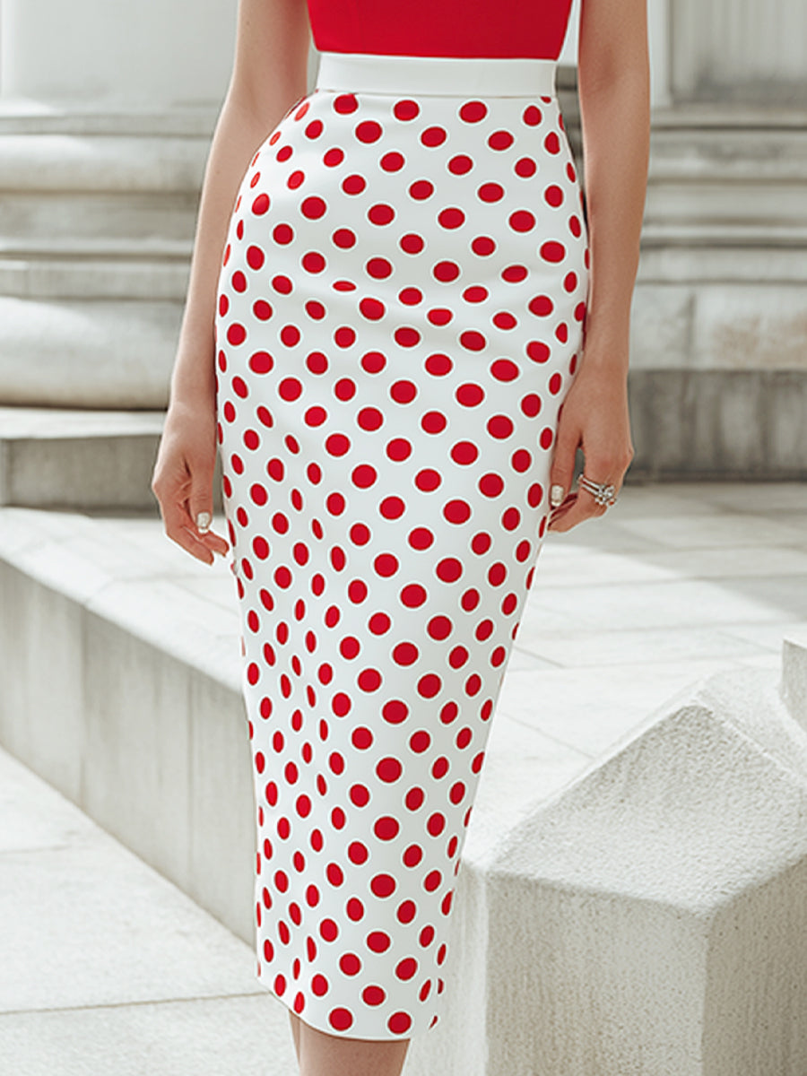 Off-Shoulder Draped Bodice Polka Dot Pencil Midi Dress