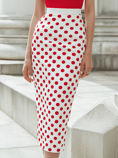 Off-Shoulder Draped Bodice Polka Dot Pencil Midi Dress