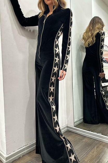Long-sleeved velvet jumpsuit with zipper