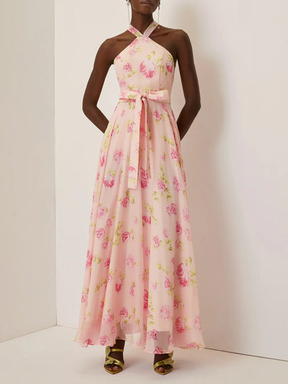 Pink Floral Chiffon Halter Sleeveless A-Line Maxi Dress
