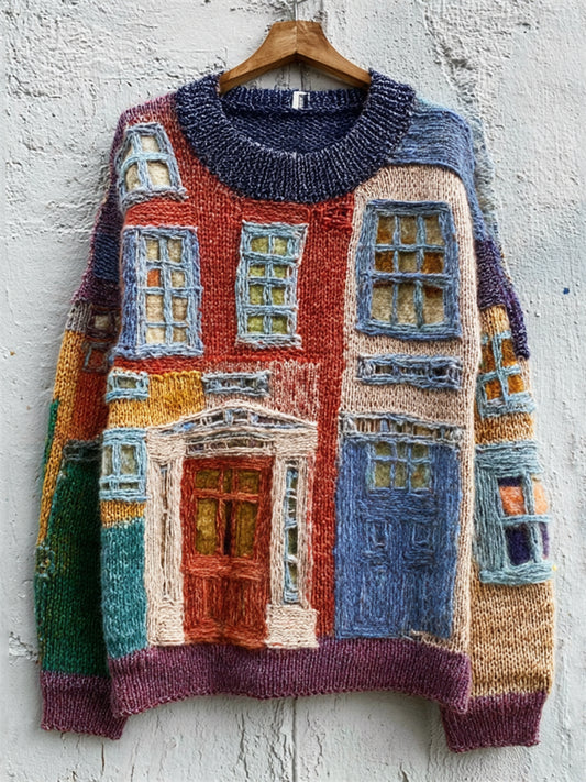 Vintage Street Building Inspired Contrast Color Cozy Knit Sweater