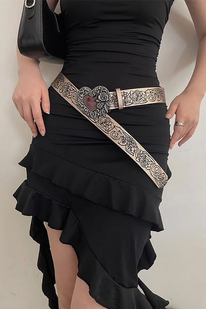 Graphic Print Heart-Shaped Metallic Decor Retro Belt-Brown