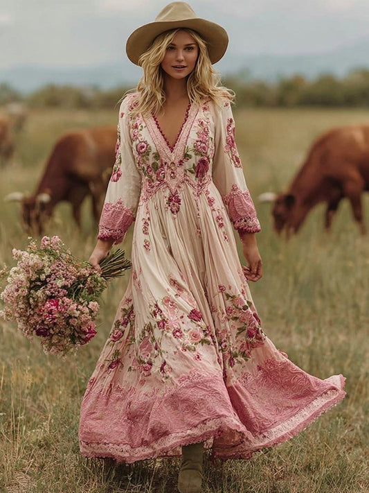 Boho Floral Embroidered Lace Patchwork Flowy Maxi Dress