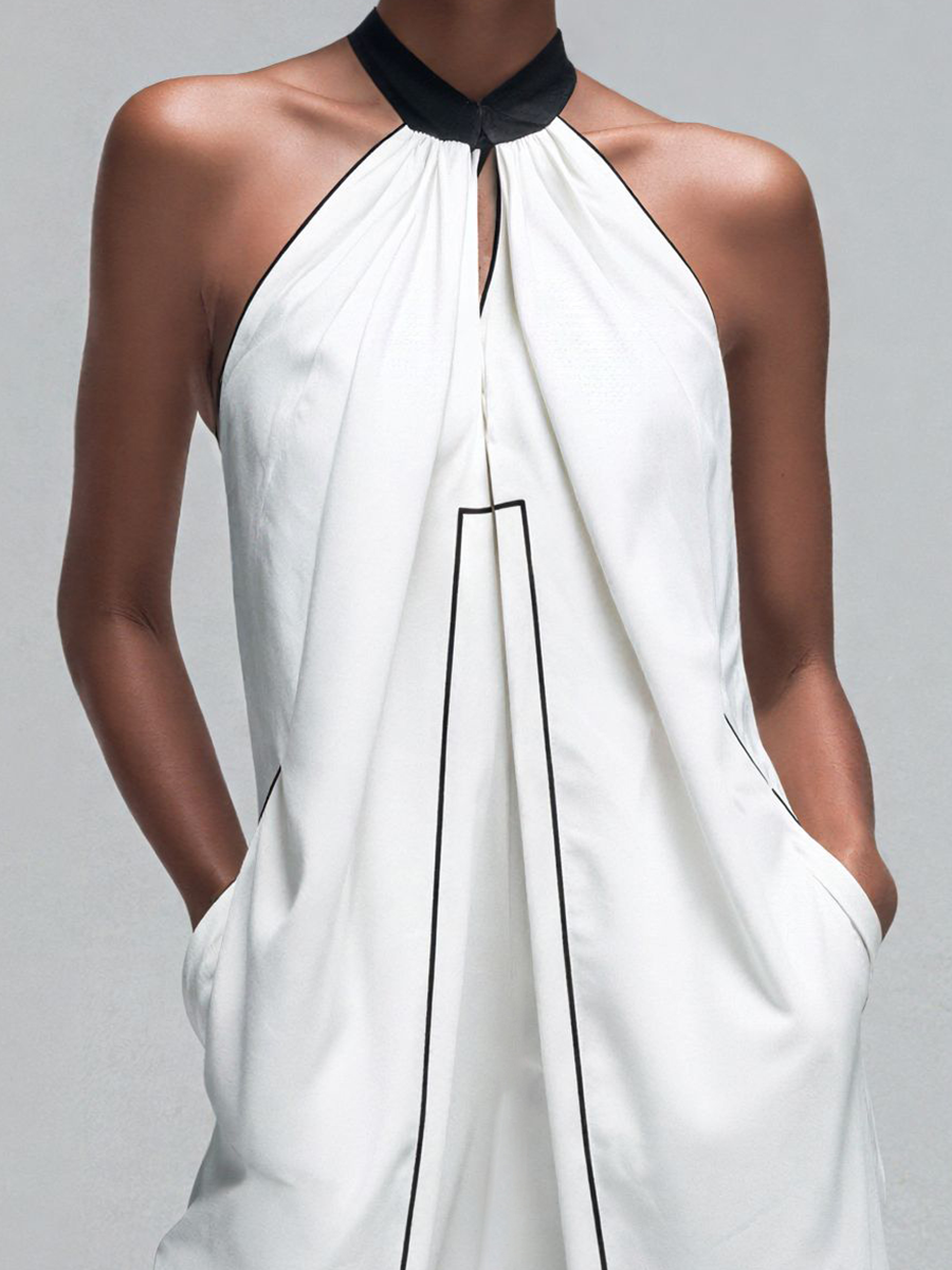 Women’s White Cotton Blend Halter Neck Asymmetrical Tunic Top With Black Contrast Piping MDZ2704D0T