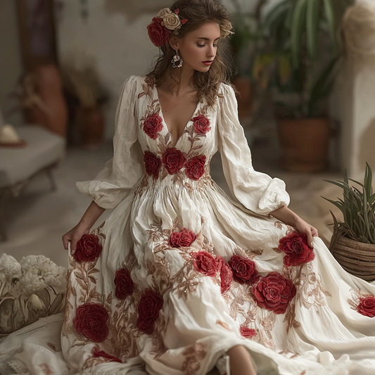 Bohemian Style Red Rose Retro Cotton And Linen Woman's V-neck Dress