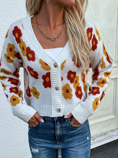 Long Sleeve Floral High Waist Knit Cardigan